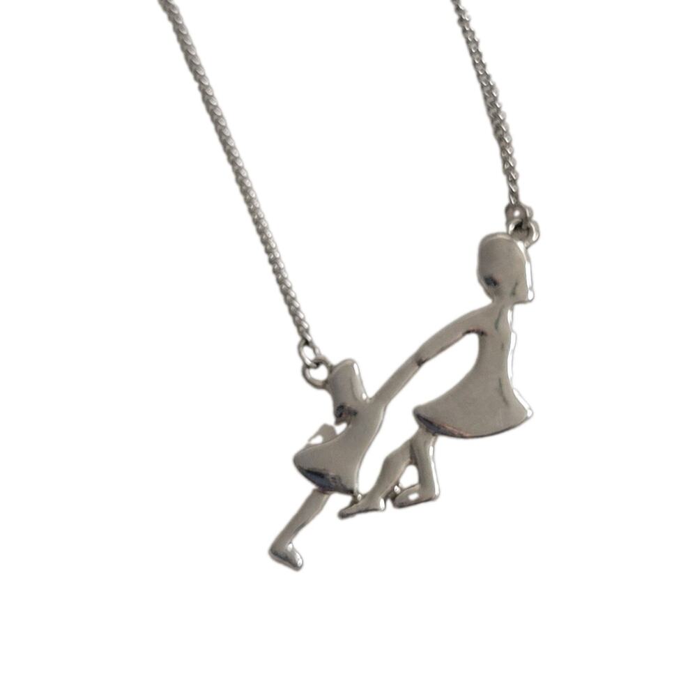 Silver Two Figures Holding Hands Silhouette Pendant Adjustable Necklace 18"